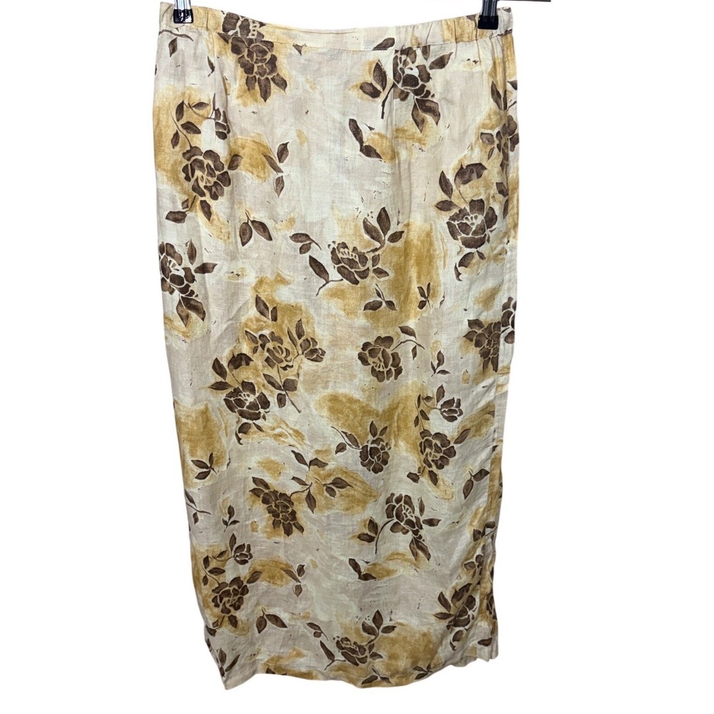 Chicos Design Womens Floral Linen Maxi‎ Skirt Brown Yellow Cream Size 3 XL